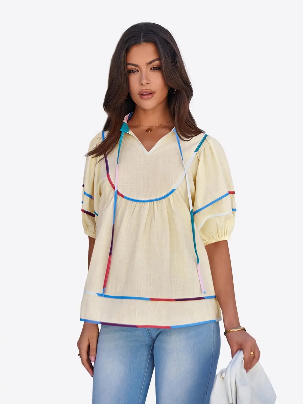 Cicy Bell Cream Short-Sleeve Tunic with Multicolor Trim